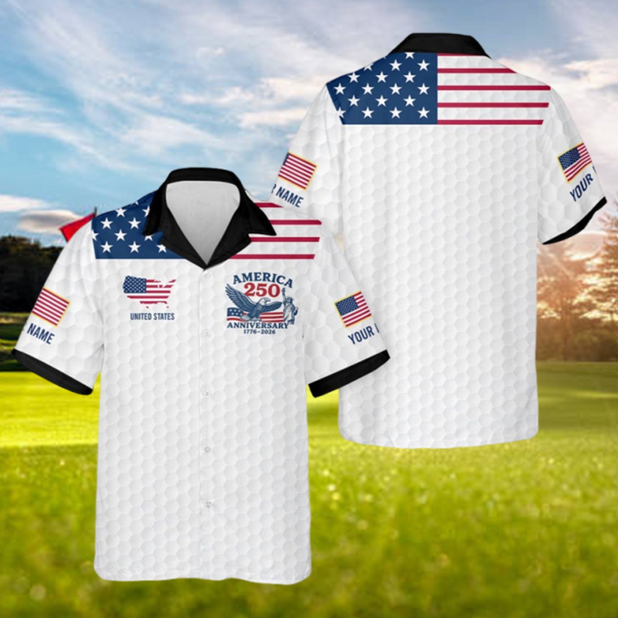 America 250 Anniversary 1776-2026 Patriotic Golf Polo Shirt for Men, Golf Ball Pattern 4th of July USA Independence Day Shirt
