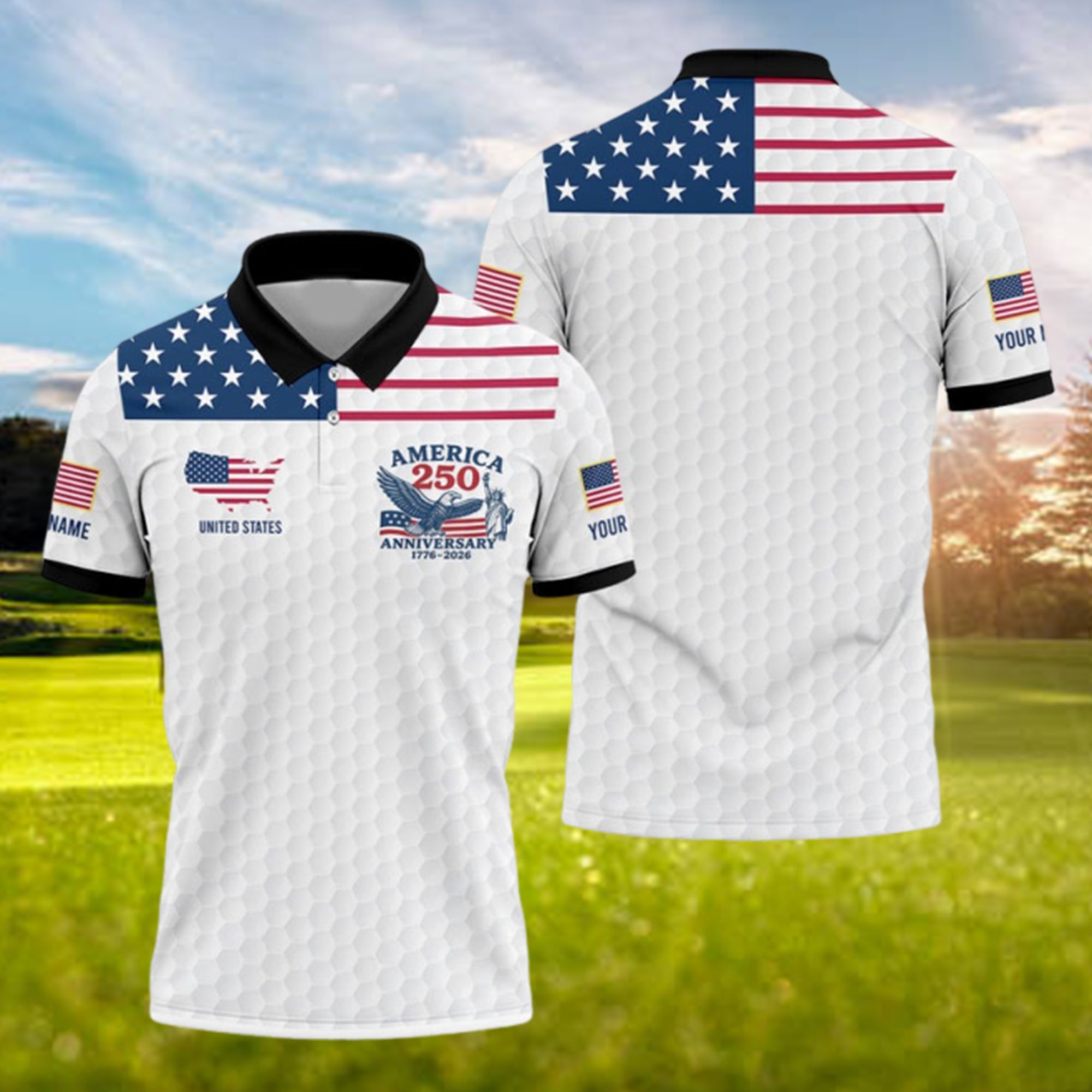 America 250 Anniversary 1776-2026 Patriotic Golf Polo Shirt for Men, Golf Ball Pattern 4th of July USA Independence Day Shirt