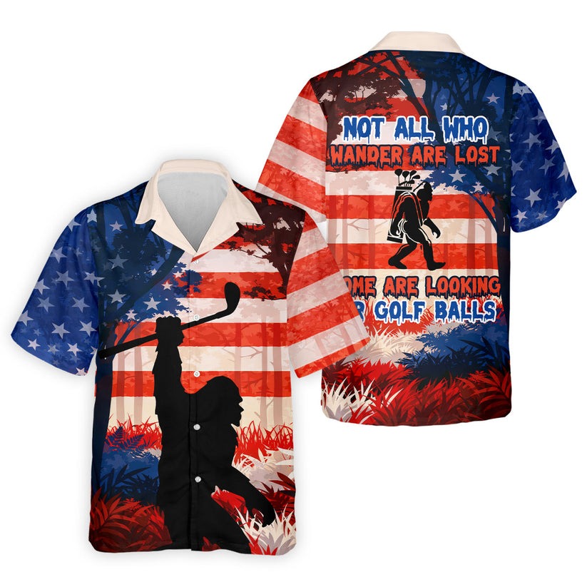 Bigfoot Golf Polo Shirt for Men Funny, Not All Who Wander Are Lost, 250th Patriotic Golf Shirt, USA Golfer Gift