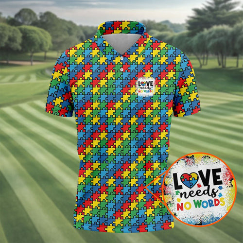 Autism Awareness Golf Polo Shirt for Men – Love Needs No Words Puzzle Piece Polo, Autism Dad Gift, Support Autism Golfer Shirt