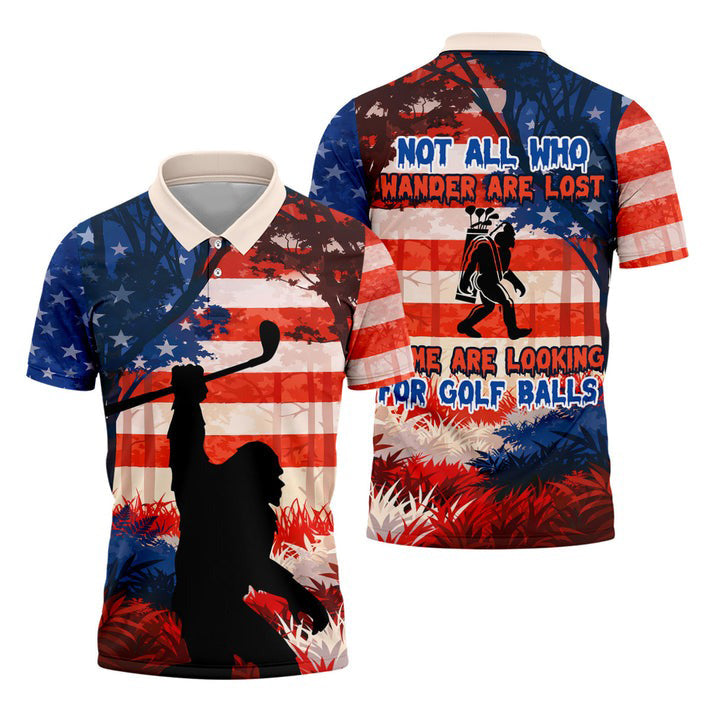 Bigfoot Golf Polo Shirt for Men Funny, Not All Who Wander Are Lost, 250th Patriotic Golf Shirt, USA Golfer Gift