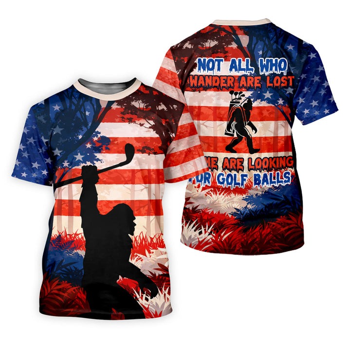 Bigfoot Golf Polo Shirt for Men Funny, Not All Who Wander Are Lost, 250th Patriotic Golf Shirt, USA Golfer Gift