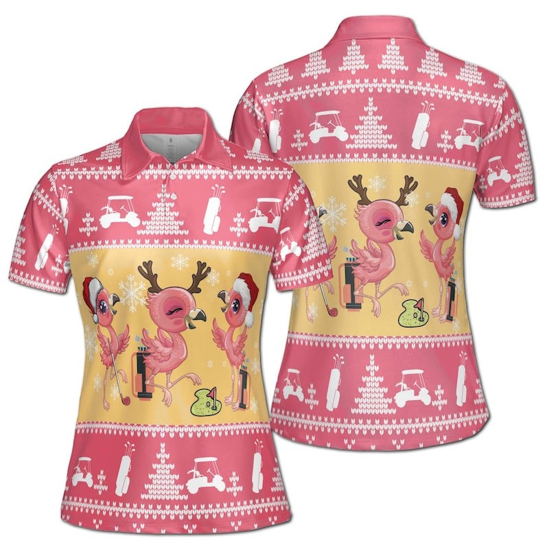 Funny Christmas Flamingo Golf Women's Polo Shirt, Adorable Holiday Golf Outfit for Women