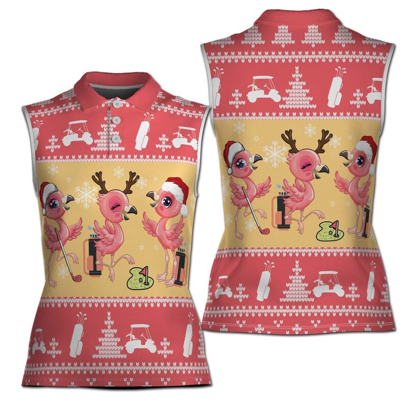 Funny Christmas Flamingo Golf Women's Polo Shirt, Adorable Holiday Golf Outfit for Women