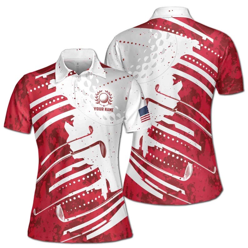 Custom Name Red Wine Pattern America Golf Women's Polo Shirt, Patriotic USA Ladies Performance Polo