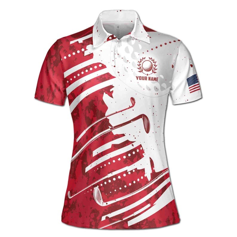 Custom Name Red Wine Pattern America Golf Women's Polo Shirt, Patriotic USA Ladies Performance Polo