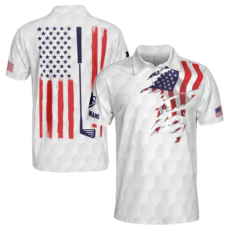 Custom Name U.S Flag Golf Polo Shirt for Men, Patriotic USA Golfer Polo, Personalized 4th of July Golf Shirt