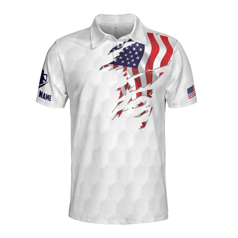 Custom Name U.S Flag Golf Polo Shirt for Men, Patriotic USA Golfer Polo, Personalized 4th of July Golf Shirt