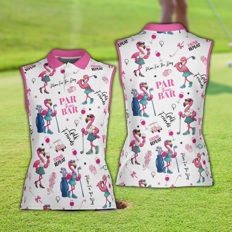 Flamingo Golf & Wine Sleeveless Polo Shirt for Women – Stylish Women’s Golf Shirt, Cute Flamingo Golf Outfit for Ladies