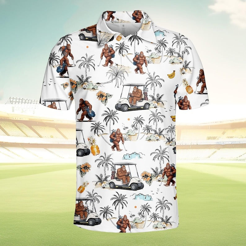Funny Bigfoot Golf Polo Shirt for Men, Tropical Sasquatch Golf Cart Shirt, Lightweight Summer Golf Outfit, Unique Golfer Gift