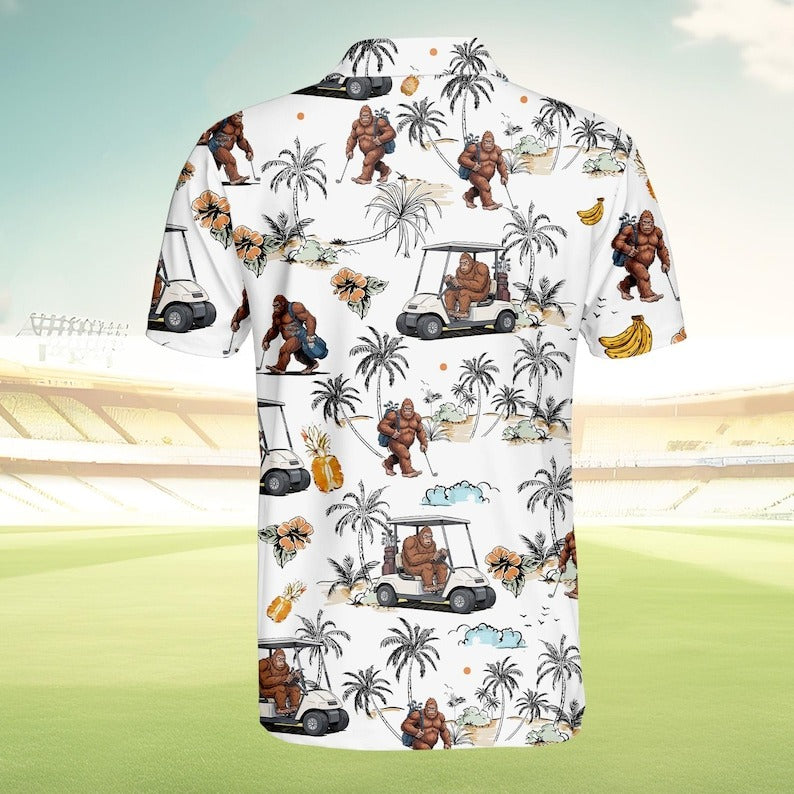 Funny Bigfoot Golf Polo Shirt for Men, Tropical Sasquatch Golf Cart Shirt, Lightweight Summer Golf Outfit, Unique Golfer Gift