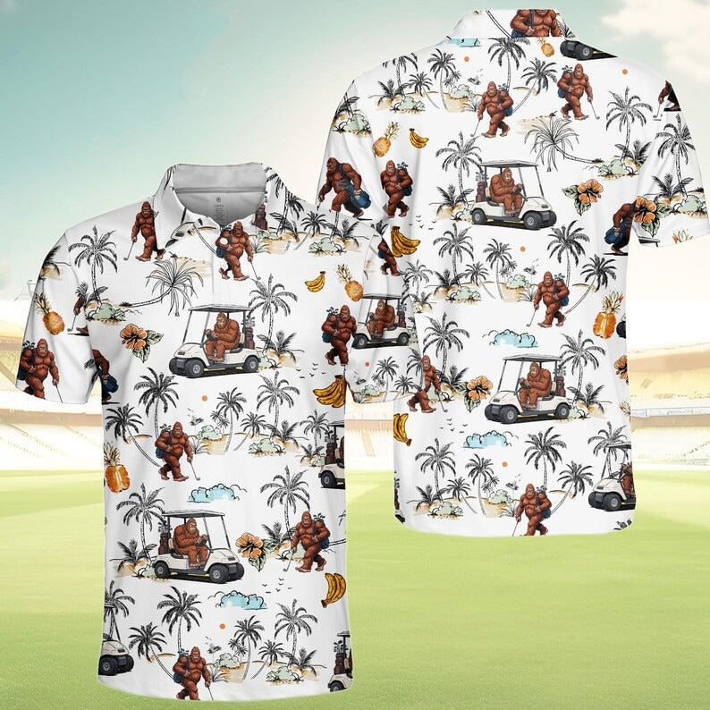 Funny Bigfoot Golf Polo Shirt for Men, Tropical Sasquatch Golf Cart Shirt, Lightweight Summer Golf Outfit, Unique Golfer Gift
