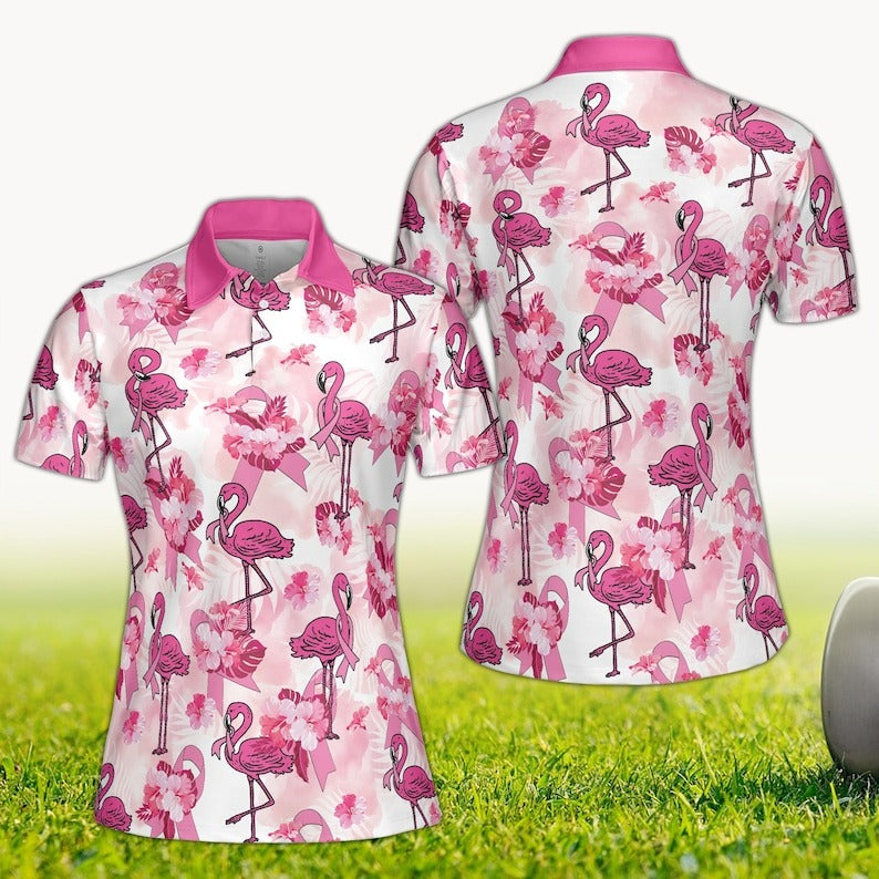 Flamingo Breast Cancer Awareness Golf Polo Shirt for Women, Pink Ribbon Golf Outfit, Survivor Fighter Support Shirt