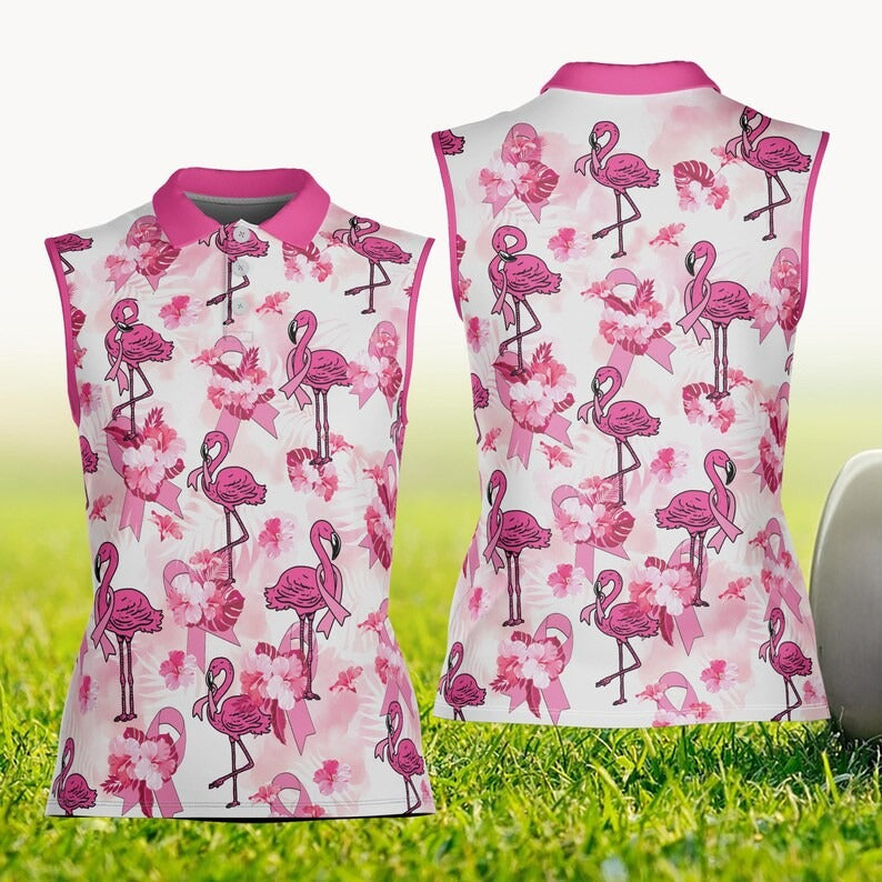 Flamingo Breast Cancer Awareness Golf Polo Shirt for Women, Pink Ribbon Golf Outfit, Survivor Fighter Support Shirt