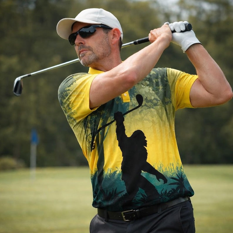 Bigfoot Golf Polo Shirt for Men – Funny Sasquatch Golf Shirt, Men’s Golf Apparel, Unique Golf Gift for Him