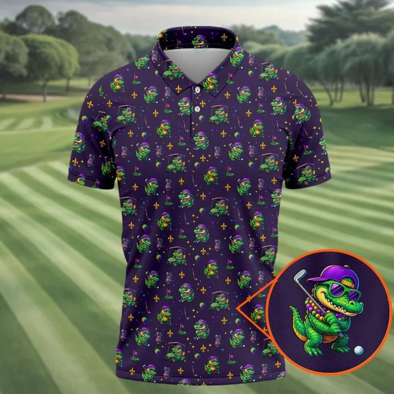 Funny Crocodile Mardi Gras Golf Polo, Purple Golf Shirt for Men, Golf Gift for Men