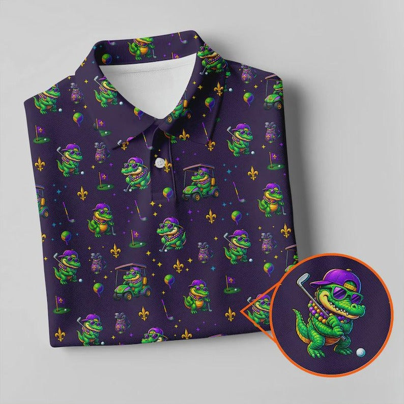 Funny Crocodile Mardi Gras Golf Polo, Purple Golf Shirt for Men, Golf Gift for Men