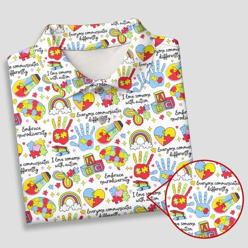 Autism Awareness Golf Shirt for Men – I Love Someone with Autism Puzzle Polo, Colorful Puzzle Piece Golf Shirt, Autism Support Gift for Golfer