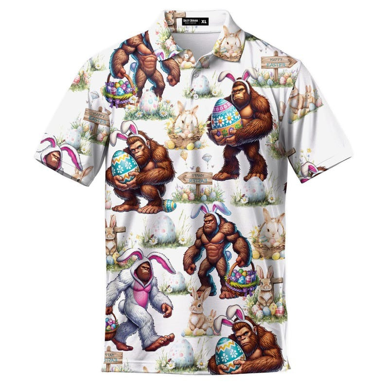 Easter Bigfoot Golf Polo for Men, Funny Sasquatch Vintage Style Polo Shirt, Casual Button Up Golf Shirt