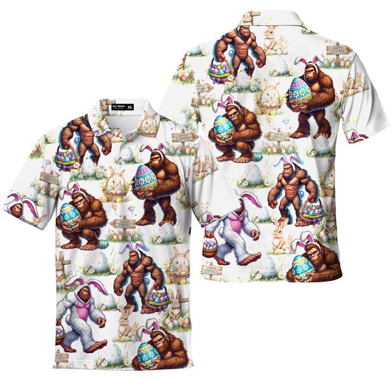 Easter Bigfoot Golf Polo for Men, Funny Sasquatch Vintage Style Polo Shirt, Casual Button Up Golf Shirt