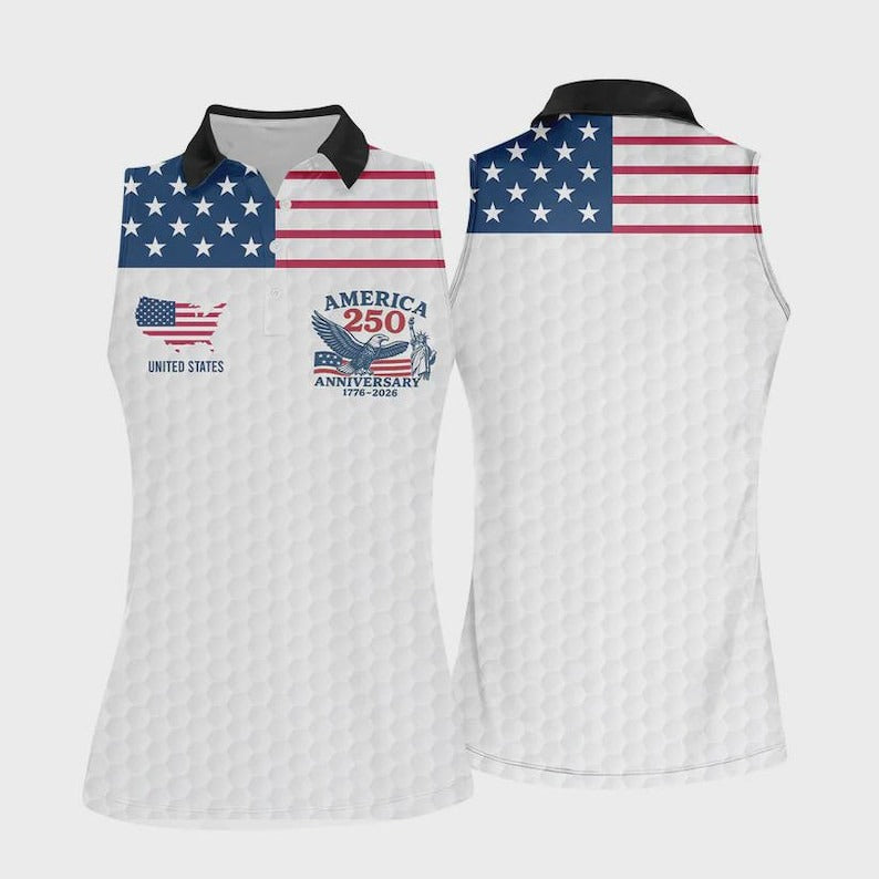 250 Year Celebration Sleeveless Golf Polo Shirt, Stars and Stripes Ladies Golf Shirt, Women Summer Golf Top