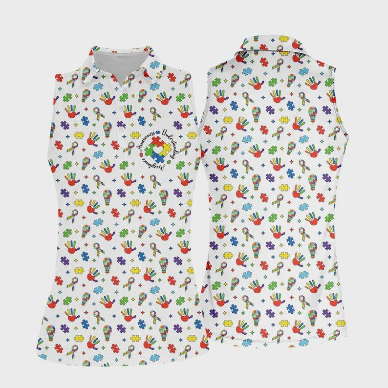 Autism Awareness Sleeveless Polo Shirt for Women – Colorful Puzzle Pattern Golf Shirt, Lightweight Summer Athletic Top, Neurodiversity Support Apparel