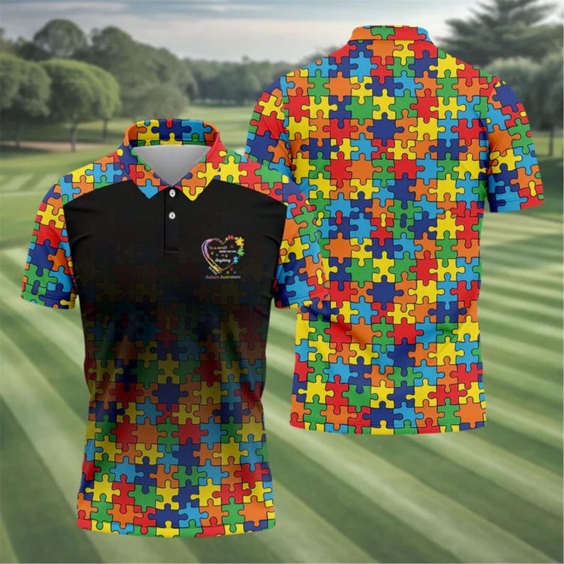 Autism Awareness Golf Polo Shirt for Men – Puzzle Pattern Polo – In A World Where You Can Be Anything Be Kind – Autism Support Shirt Gift