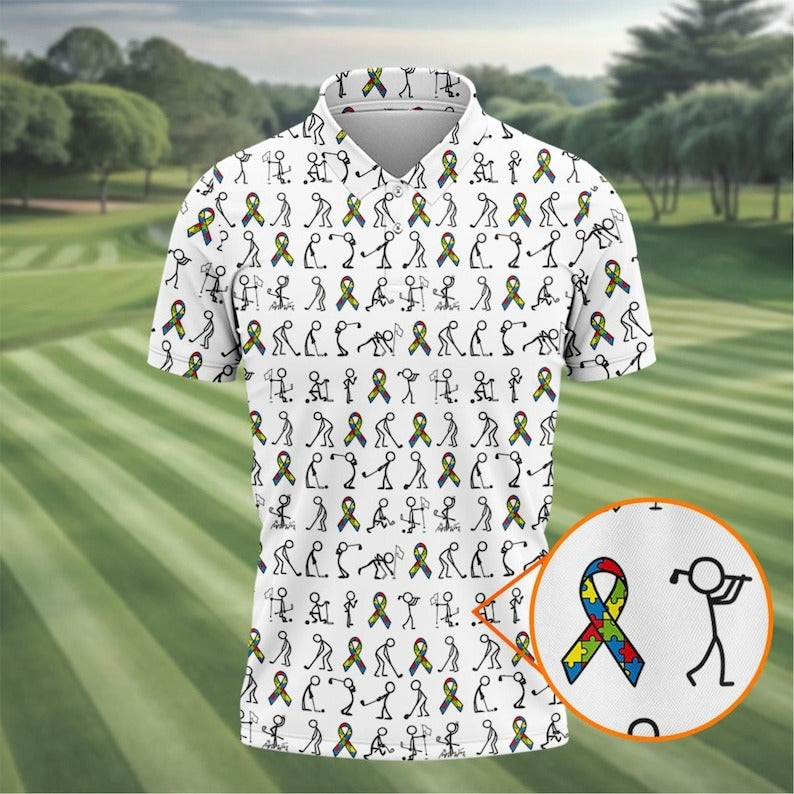 Autism Awareness Golf Polo Shirt for Men, Stick Figure Golf Pose with Autism Ribbon, Colorful Awareness Golf Shirt