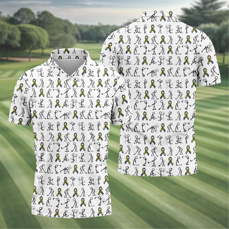 Autism Awareness Golf Polo Shirt for Men, Stick Figure Golf Pose with Autism Ribbon, Colorful Awareness Golf Shirt
