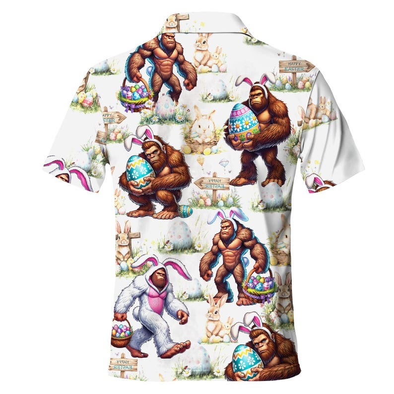 Easter Bigfoot Golf Polo for Men, Funny Sasquatch Vintage Style Polo Shirt, Casual Button Up Golf Shirt