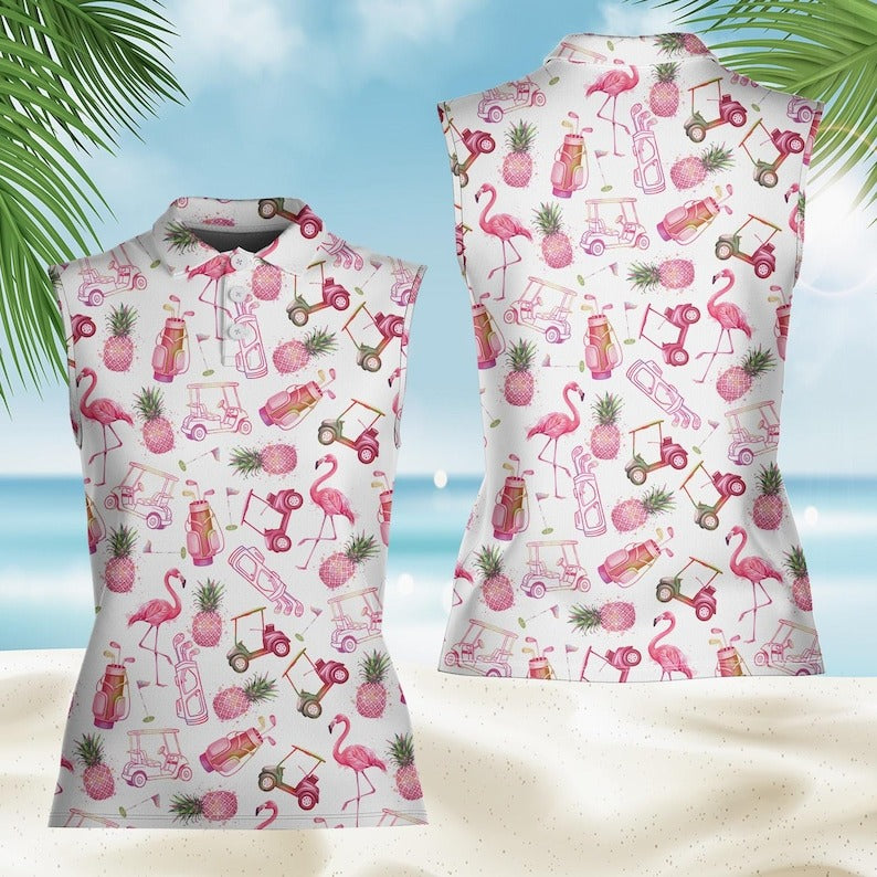 Flamingo Pineapple Aloha Golf Polo Shirt, Summer Tropical Vacation Button Down, Funny Golfer Gift