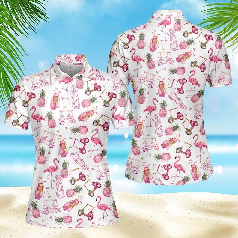 Flamingo Pineapple Aloha Golf Polo Shirt, Summer Tropical Vacation Button Down, Funny Golfer Gift