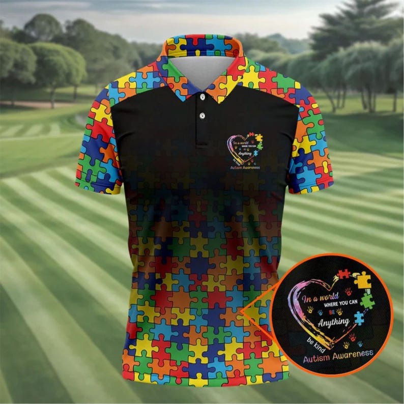 Autism Awareness Golf Polo Shirt for Men – Puzzle Pattern Polo – In A World Where You Can Be Anything Be Kind – Autism Support Shirt Gift