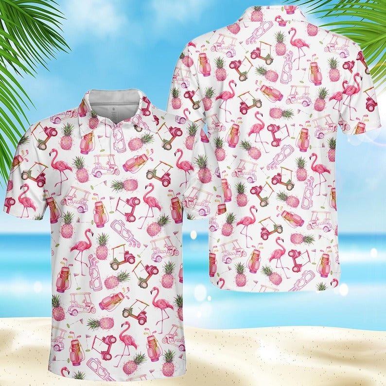 Flamingo Pineapple Aloha Golf Polo Shirt, Summer Tropical Vacation Button Down, Funny Golfer Gift