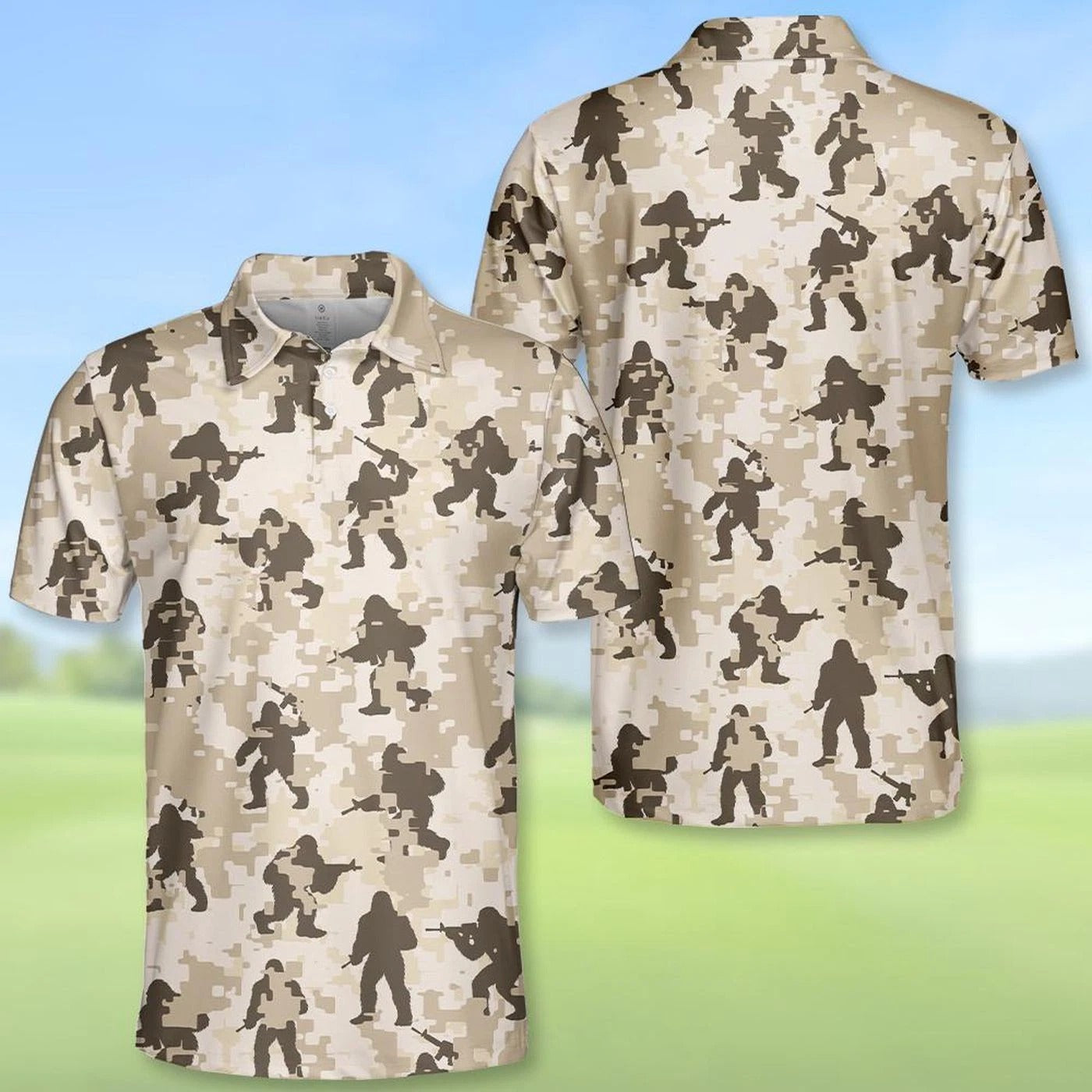 Funny Bigfoot Golf Camo Polo Shirt, Sasquatch Golfer Summer Golf Polo for Men