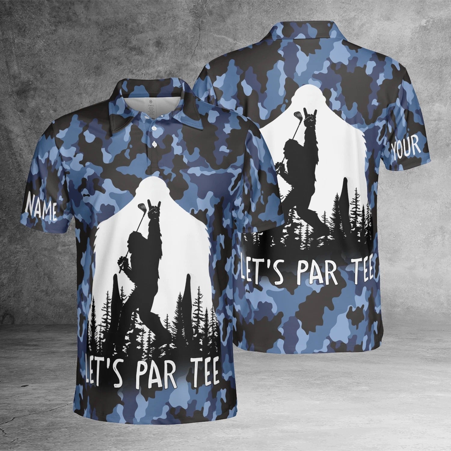 Bigfoot Golf Polo Shirt for Men, Funny Sasquatch Blue Camo Custom Name Polo, Personalized Golfer Gift
