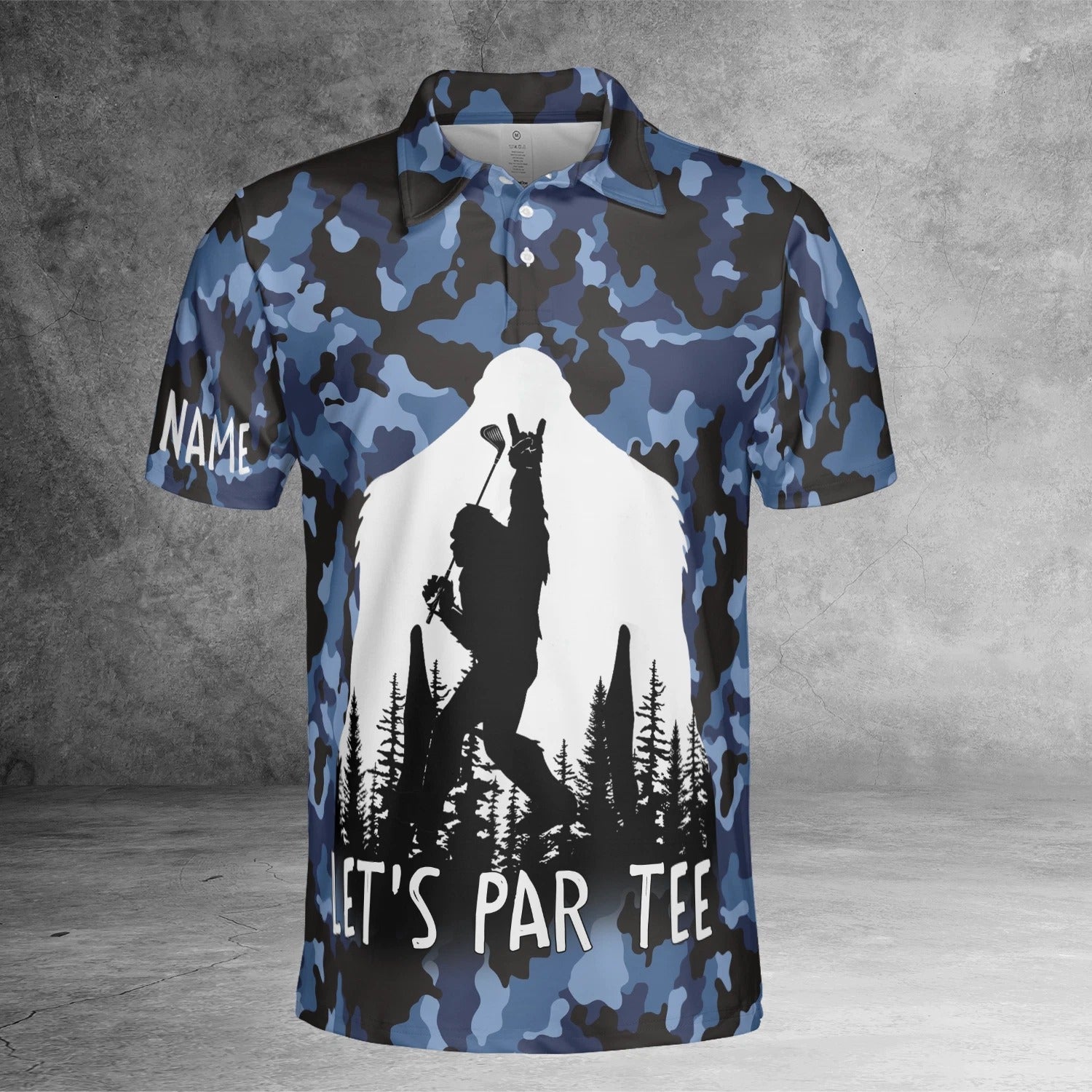 Bigfoot Golf Polo Shirt for Men, Funny Sasquatch Blue Camo Custom Name Polo, Personalized Golfer Gift