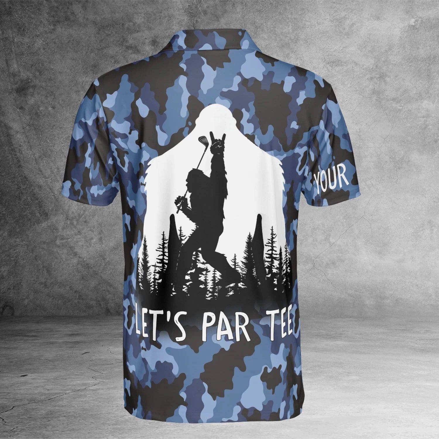 Bigfoot Golf Polo Shirt for Men, Funny Sasquatch Blue Camo Custom Name Polo, Personalized Golfer Gift